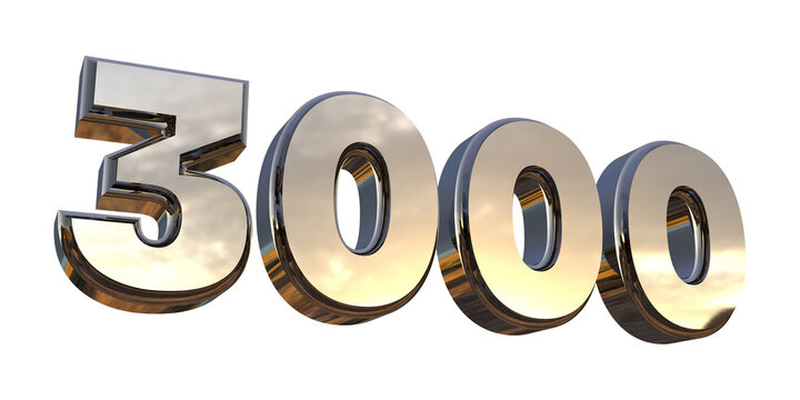 Isolated Number 3000 or Three Thousand in Silver or Steel Metallic on White Background, 3D Render Illustration.