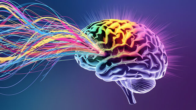 A colorful abstract image of a brain with creative ideas exploding out of it.
