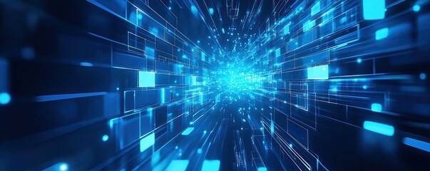 Obraz premium Abstract geometric tech background shows blue glowing shapes. Dynamic lines, glowing tech squares form tunnel effect. Futuristic tech concept. Intricate pattern suggests innovation, progress. Deep