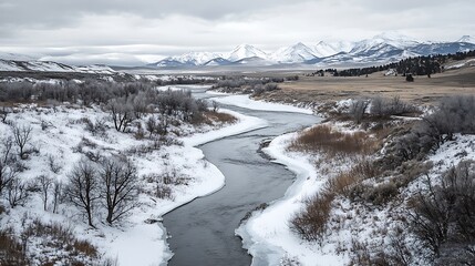 A Winding River Through a Snowy Landscape with Distant Snow-Covered Mountains
