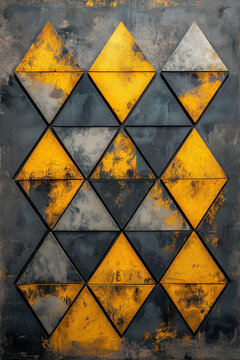 pattern formes g&eacute;om&eacute;triques triangles, jaune et nuances de gris, effet rouille, style industriel