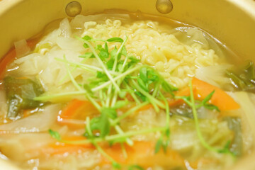 Instant noodles cooked in a pot, warm food