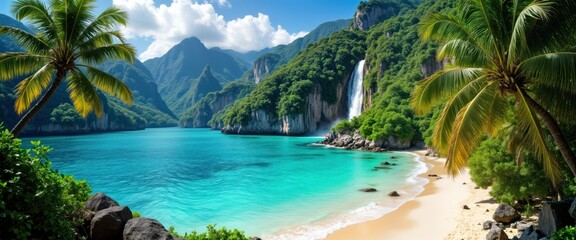 Tropical paradise beach with turquoise water lagoon. Rich green jungle surrounds stunning waterfall cascading down rocky mountains. Palm trees frame idyllic scene. Perfect vacation destination.
