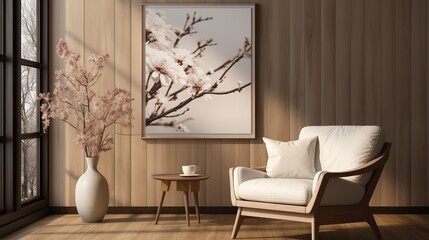 A modern rustic living room with a white fabric armchair, beige wall, and abstract wooden panel accent wall. Warm and inviting design.