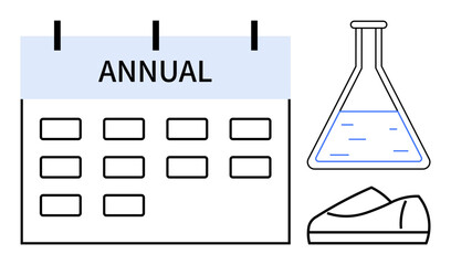 Calendar labeled ANNUAL with grid for dates, laboratory flask with liquid, and minimalist shoe icon. Ideal for event planning, scientific conferences, scheduling, business meetings, footwear
