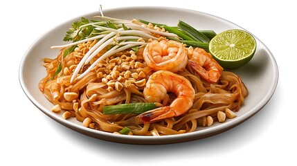 A vibrant plate of shrimp pad Thai featuring noodles, peanuts, lime, and fresh vegetables, showcasing a delicious Thai culinary experience.