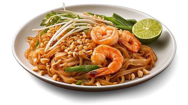 A vibrant plate of shrimp pad Thai featuring noodles, peanuts, lime, and fresh vegetables, showcasing a delicious Thai culinary experience.