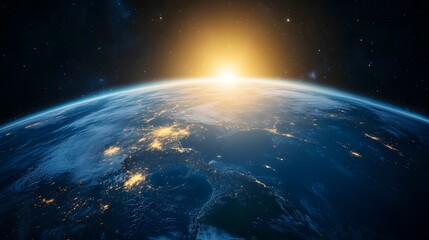 Fototapeta premium Sunrise over Earth: A breathtaking view of our planet from space, showcasing city lights and a radiant sun.
