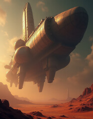 A massive spaceship descends on Mars, giant space craft exploring the future world