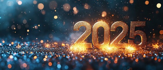 Fireworks bursting in a dark sky with metallic  2025  numbers glowing in the foreground focus on celebratory New Year mood theme dynamic overlay festive rooftop backdrop