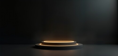 Empty light gray podium on dark background. Modern minimalist design. Product presentation mockup. Studio setting. Geometric shape. Ideal for cosmetic products items. Simple, clean presentation