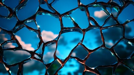 Abstract View of Broken Glass with Blue Sky and Clouds in the Background