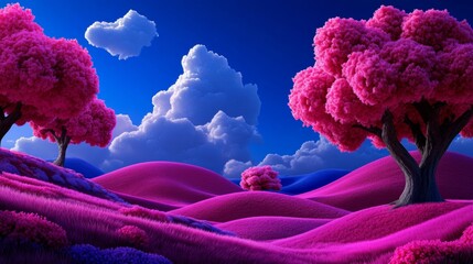 Surreal Landscape with Vibrant Pink Trees and Rolling Hills Under a Blue Sky