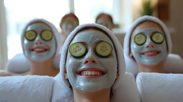 Home spa day: Girls enjoy relaxing face masks, cucumber slices on eyes, pure bliss! - Powered by Adobe