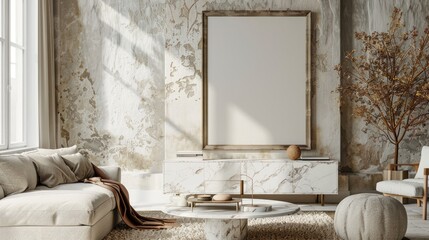 Stylish living room decor with mock-up frame, boucle sofa, marble console, and personal items.