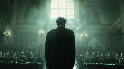 Ominous figure standing alone in a grand, smoke-filled hall filled with rows of uniformed personnel, conveying a sense of control and dominance over the masses