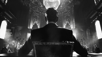 Back of an authoritative figure of a man stands before a grand, ornate hall, his silhouette commanding attention