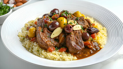 Fototapeta premium Traditional Moroccan Lamb Tagine with Preserved Lemons, Saffron Couscous, Dates and Rose Petals, Authentic North African Cuisine Photography