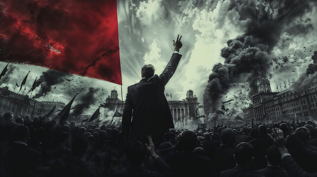 Scene of a revolution with an impersonal revolutionary leader from behind, haranguing the people to rise up against power. Dictatorship of the proletariat in black and white with a red flag