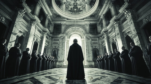 Vatican Curia with different priests and members of the Catholic Church, inside a luxurious palace, choosing the next Pope. Meeting of bishops for a conspiracy theory