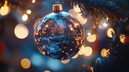 Fototapeta premium Close-up on Christmas tree ball with bokeh garlands in background, adding festive charm and warm New Year atmosphere