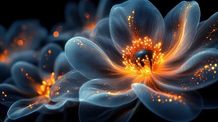 Abstract fractal flowers with glowing golden petals, radiant centers, and subtle gradient shadows