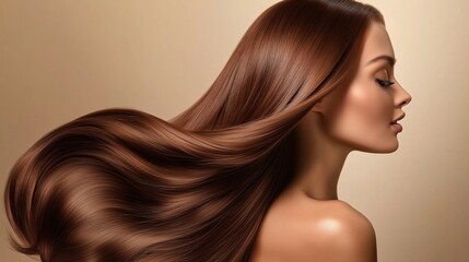 Beautiful woman with long, silky, shiny hair flowing in soft waves, glowing skin, minimal neutral background