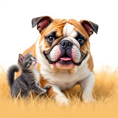 Fototapeta premium A realistic cute bulldog playing with cat field 