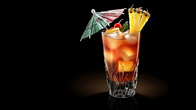 A vibrant cocktail garnished with fruit and a colorful umbrella, served in a stylish glass against a dark background.