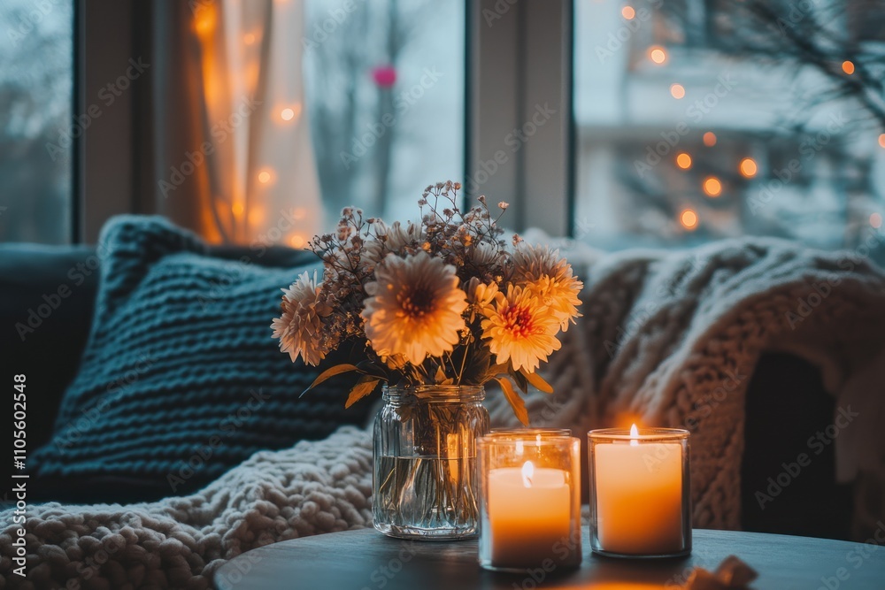 Canvas Prints Cozy autumn scene with flowers and candles