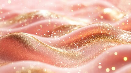 Delicate pink background with glittering gold particles, ideal for product showcases in a festive holiday theme.