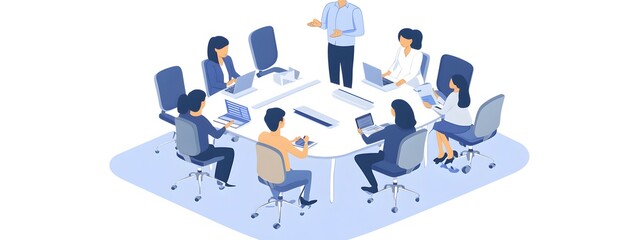 Naklejka premium A group of business people sitting around the conference table, listening to one person presenting their ideas in an isometric style vector illustration
