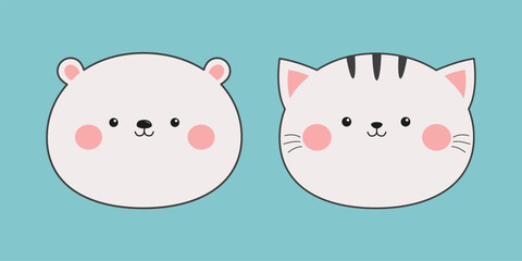 White cat bear face set. Black contour doodle silhouette. Kawaii animal. Cute cartoon character. Funny baby with eyes, nose, pink ears, cheeks. Love Greeting card. Flat design. Blue background. Vector