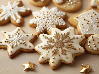 Holiday cookies shaped like snowflakes styled with golden glitter on a frosted beige surface close up cozy winter snacks theme whimsical blend mode festive kitchen backdrop
