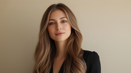 Fototapeta premium Beautiful woman with long, silky, shiny hair flowing in soft waves, glowing skin, minimal neutral background