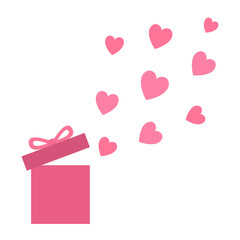 Gift box icon with flying hearts. Pink heart set. Cute cartoon decoration element. Happy Birthday Christmas Valentines Day Greeting card template. Flat design. White background. Isolated. Vector