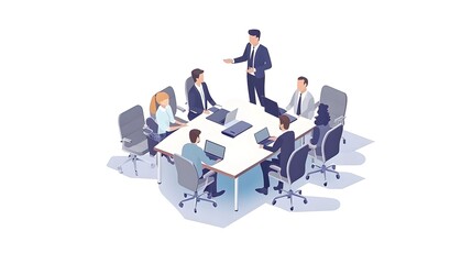 A group of business people sitting around the conference table, listening to one person presenting their ideas in an isometric style vector illustration
