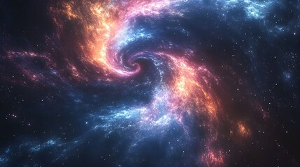 Cosmic swirl of nebulae in vibrant orange and blue hues.