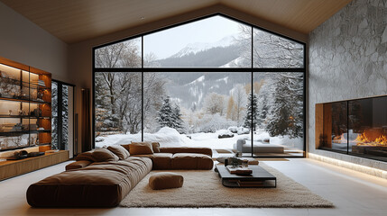 【高級インテリア】冬の絶景が広がる大きな窓のモダンリビング｜暖炉のある贅沢なデザイナーズ住宅｜自然と調和した開放的なリビングルーム｜北欧インスピレーション溢れる上質な空間デザイン【建築写真・インテリアデザイン】