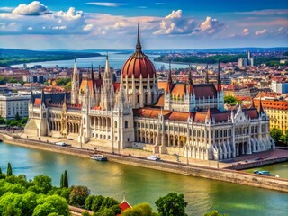 Obraz premium Aerial View of Budapest's Parliament Building Captured from the Royal Palace - Stunning Drone Photography Showcasing Iconic Architecture and Scenic River Landscape