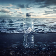 A plastic bottle floating in the ocean with a message inside, symbolizing pollution, environmental issues, marine conservation, and the importance of protecting water resources and ecosystems