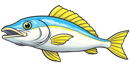 A clip art of a cartoon-style fish swimming in a wave pattern on a white background