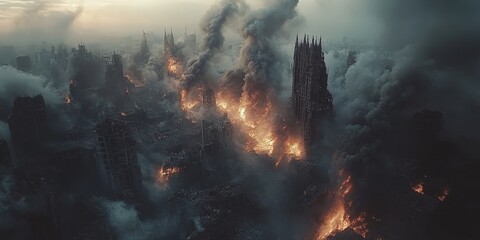 Dust clouds rise over city demolition in dramatic urban scene
