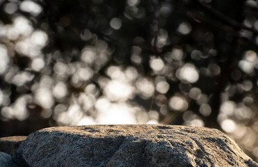 Stone Rock podium on Christmas lights bokeh on black background for product display presentation,Studio Background and Grey Sea Rock Shelf with blurry light and copy space for New Year or Xmas banner.