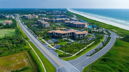 Office complex with several buildings near the beach Asphalt road that crosses the area background wallpaper AI generated image