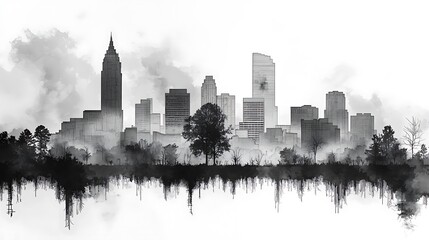Obraz premium Monochrome city skyline illustration with trees and water effect at the bottom.
