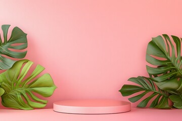 podium with tropical leaves product presentation