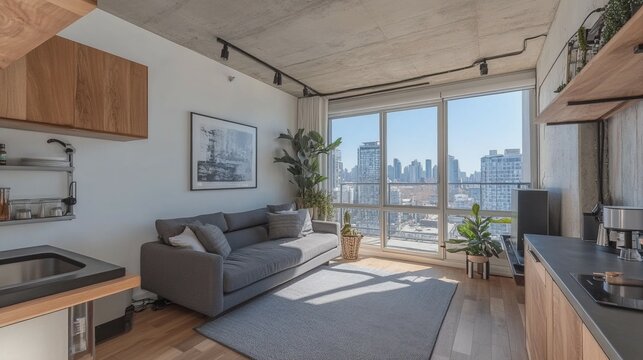 Studio apartment with grey sofa against window and wooden cabinet. Interior design of modern living room.


