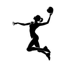 Silhouette of a jumping athlete, vector black illustration of a woman playing soccer