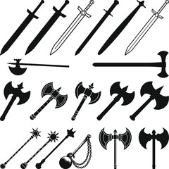 Viking weapons Vector Silhouette, Metal Sword Old Medieval shield, Viking helmet with horn, hatchet, sword, ax, axe, bow, spear. with white background
